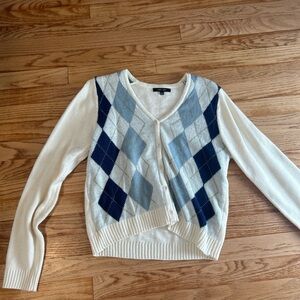 Cream and blue argyle button up cardigan sweater